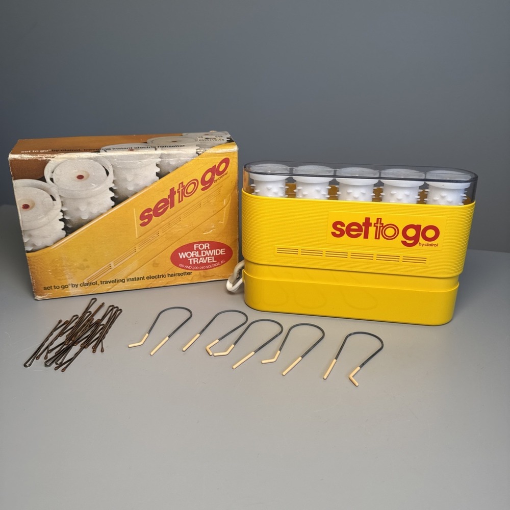 Vtg Clairol Set to Go Electric Hot Rollers Travel Hair Curlers 5 Clips Yellow